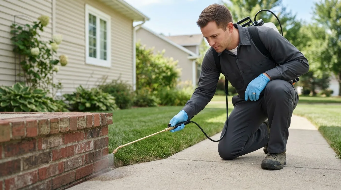 Pest control technician treating a home near Oxford, CT